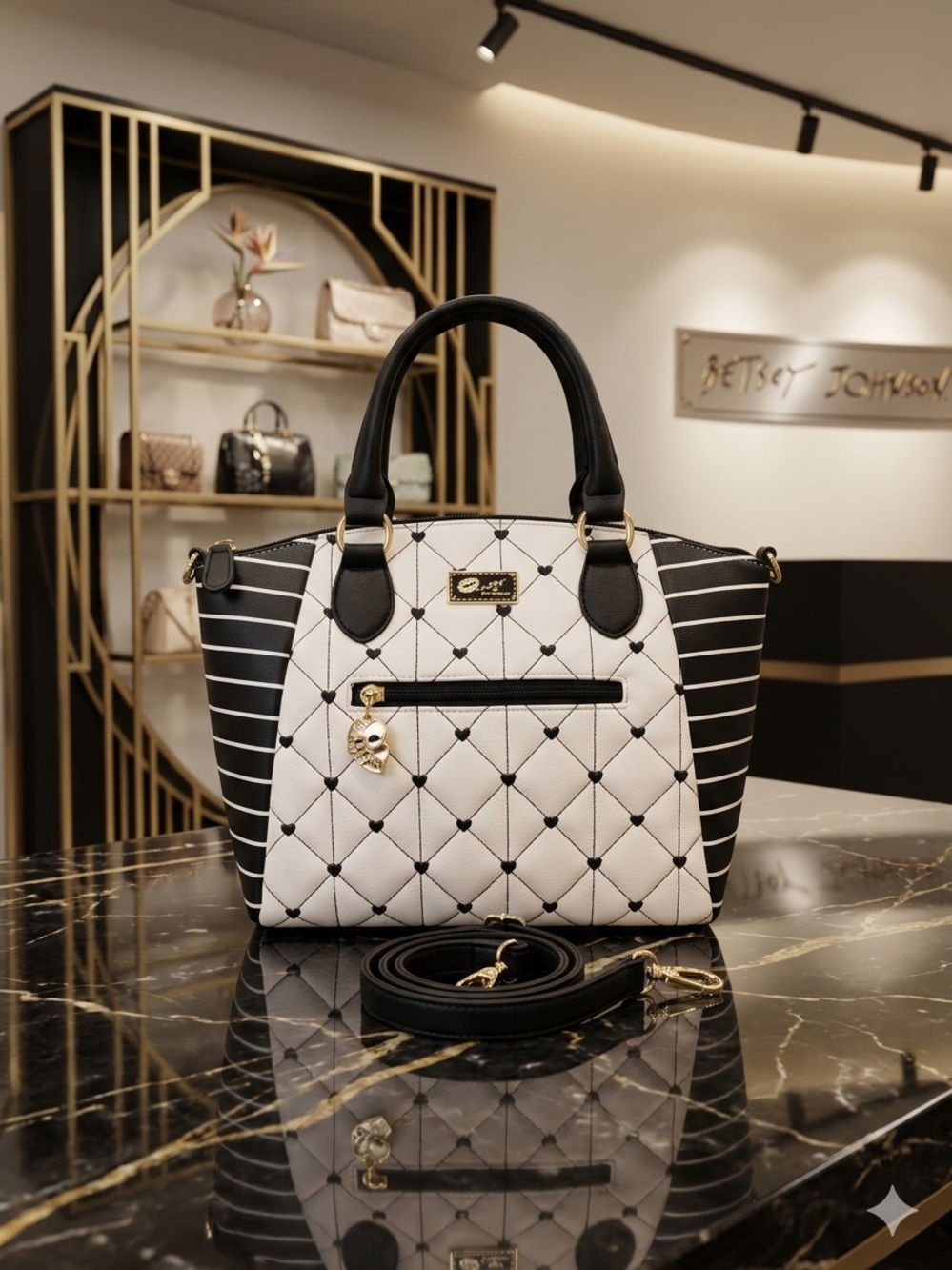 Betsey Johnson Quilted Heart & Stripes Satchel Bag w/detachable crossbody strap